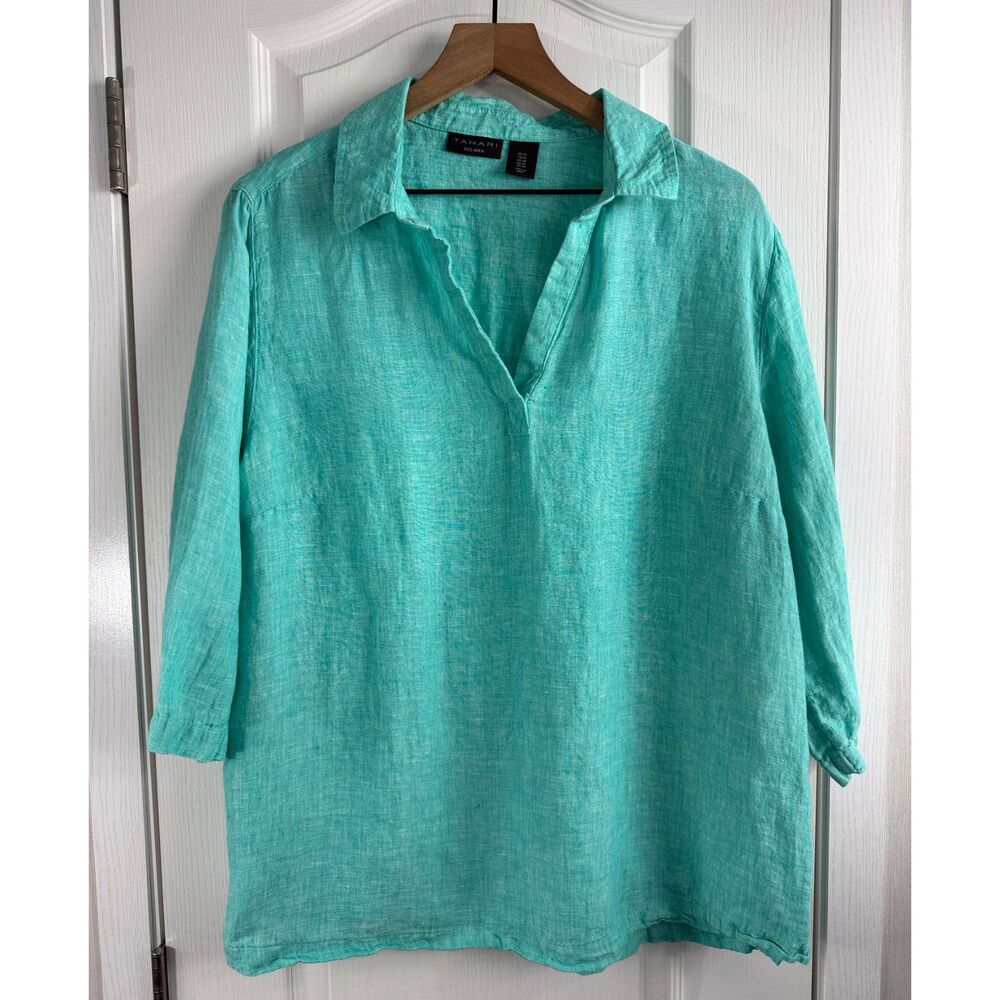 Tahari Women’s 1X Turquoise Linen Tunic Top 3/4 Sleeve Side Button Detail